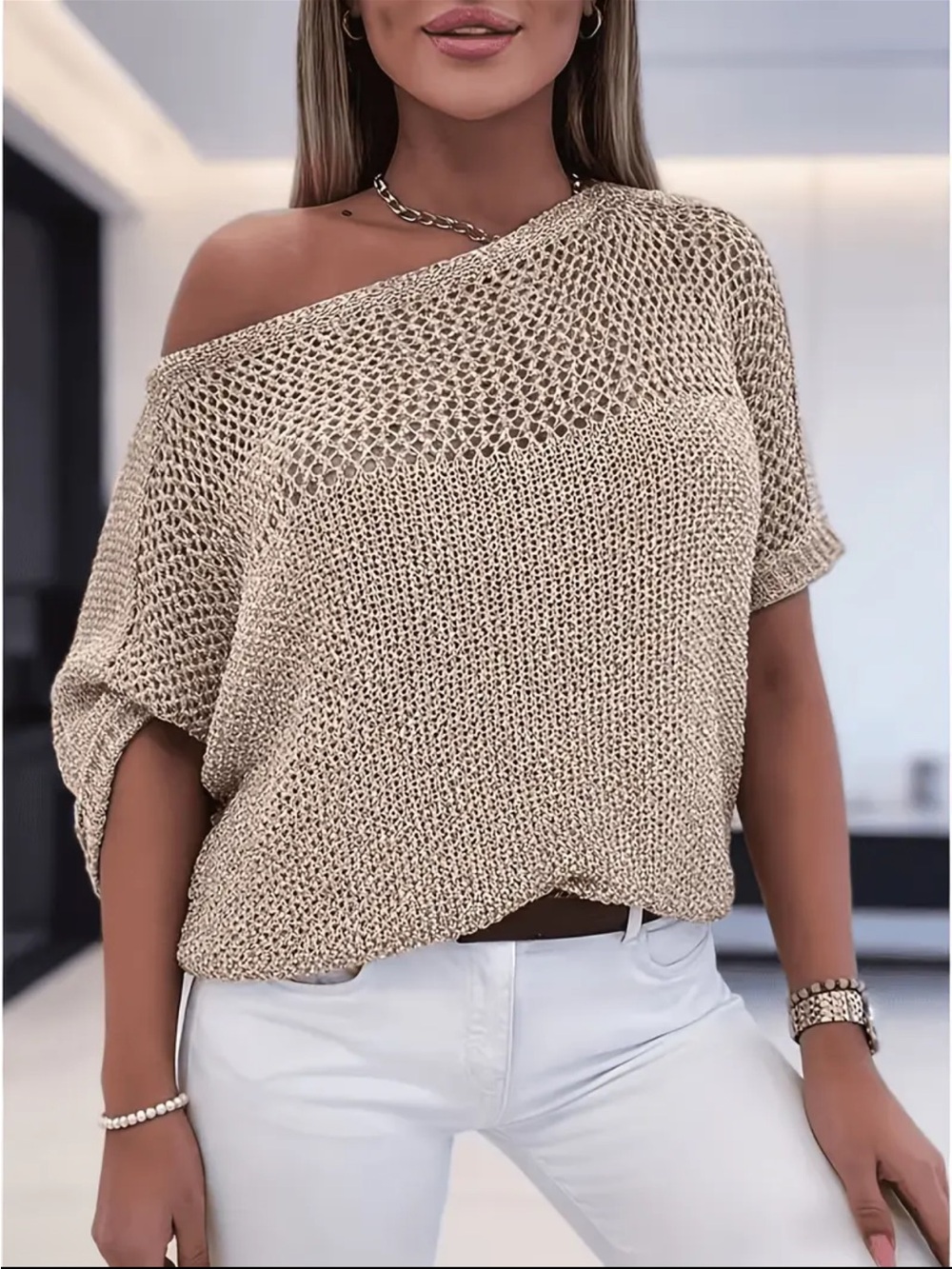 Casual Versatile Hollow Knit Off-Shoulder Top - Khaki/Beige